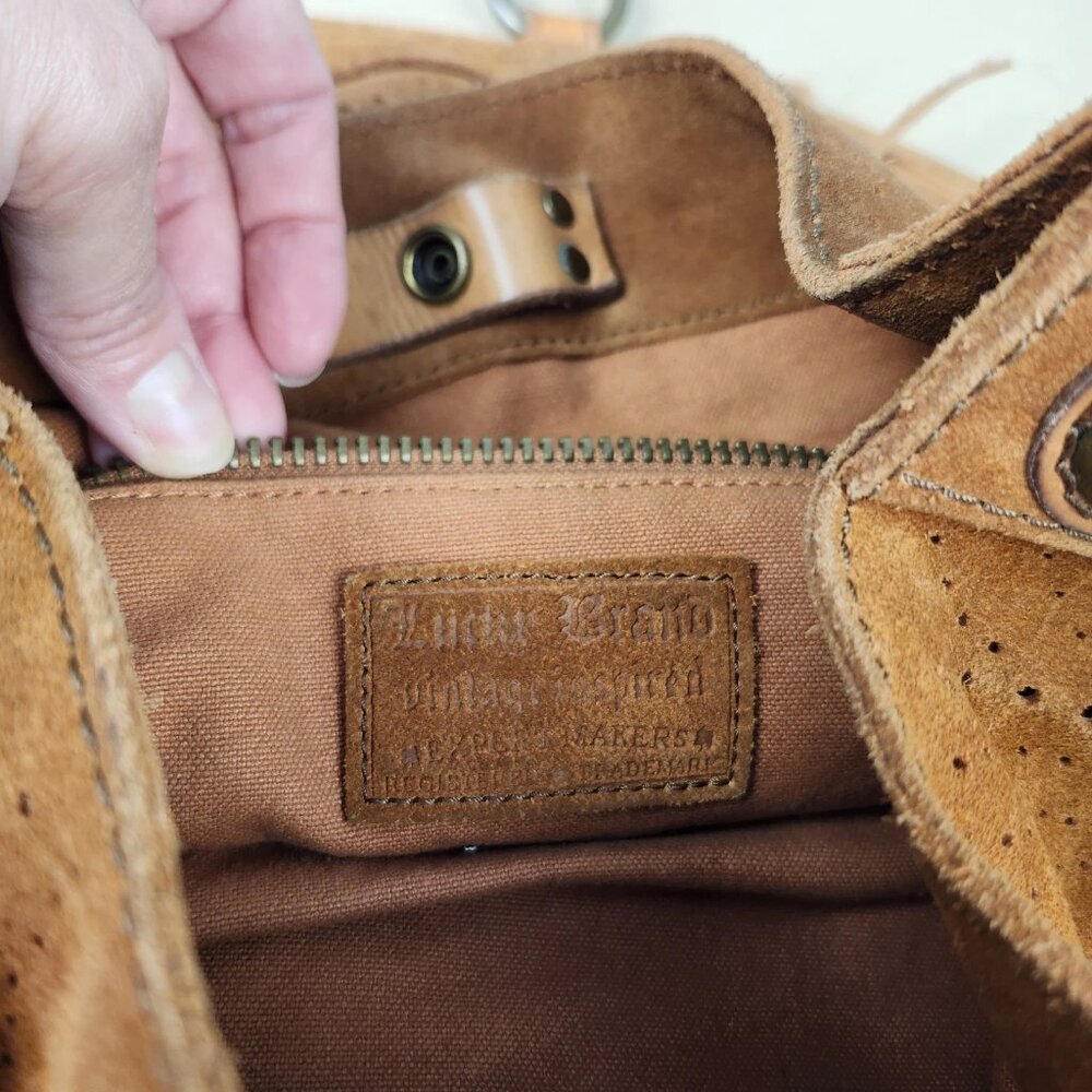 Lucky Brand Suede Hobo w/Fringe Brass Hardware Boho 13x16 Large - Picture 11 of 16